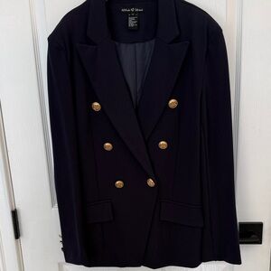 Attitudes by Renee Navy Double-Breasted Blazer with Gold Buttons